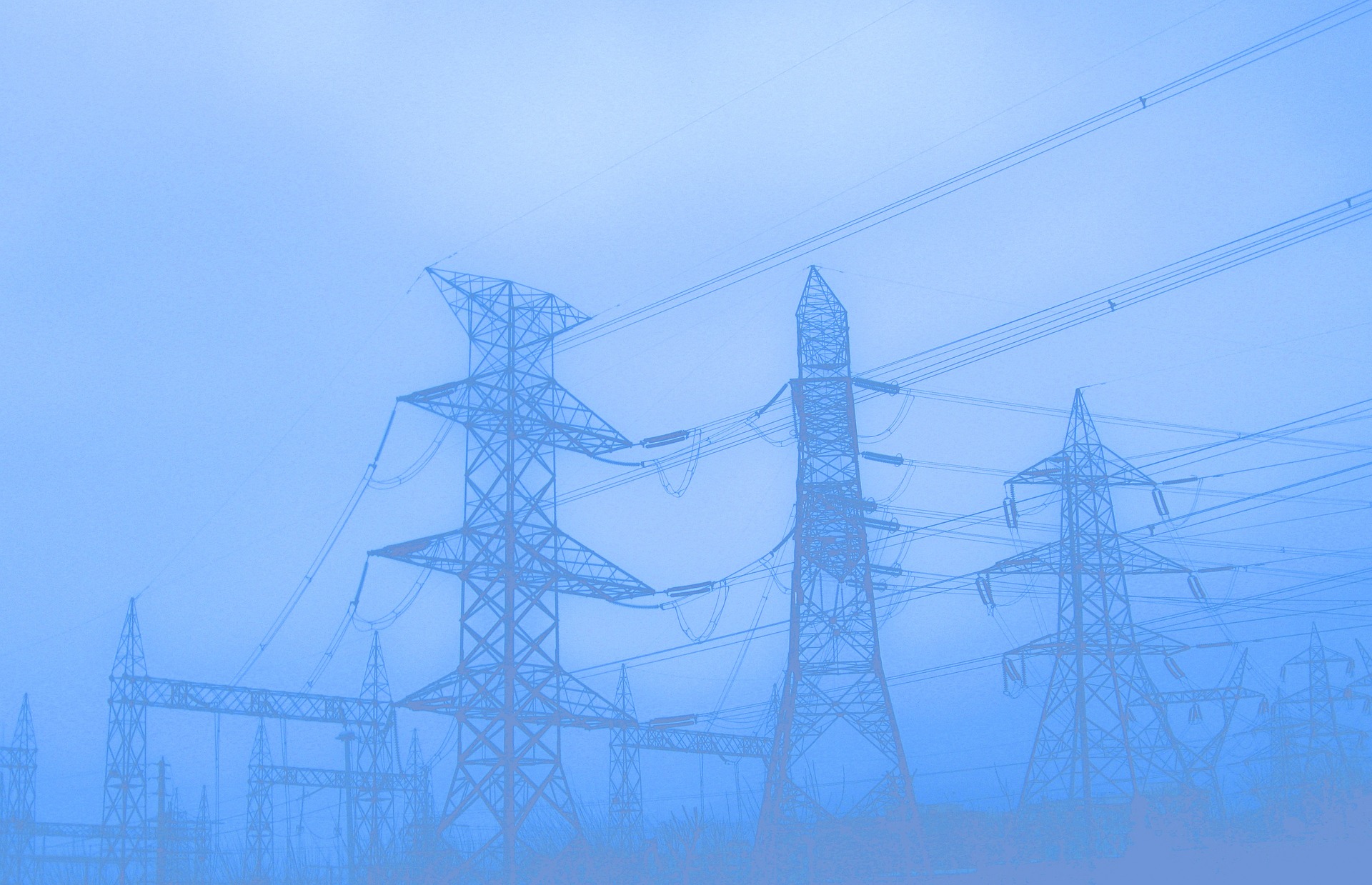 Ghostly image of several electrical lines and towers